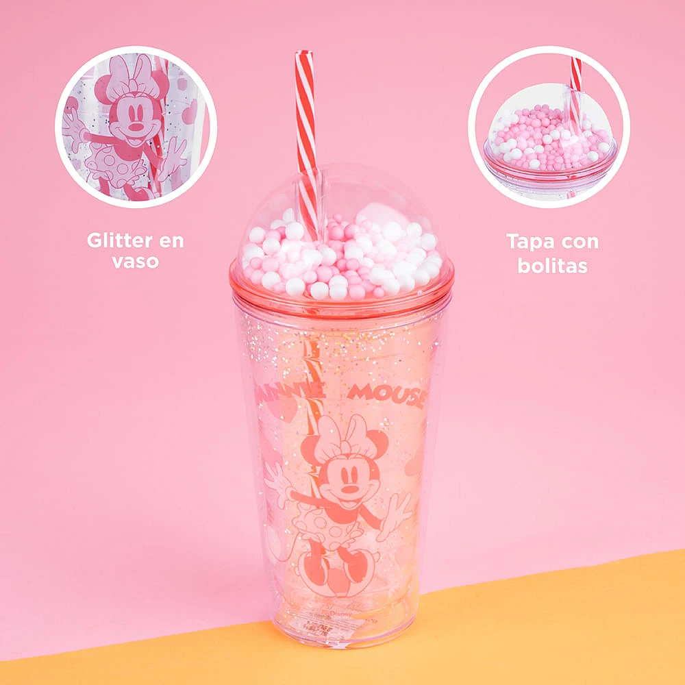 Vaso Con Tapa Y Popote Disney Minnie Mouse Doble Capa Plástico Rosa 600 ml