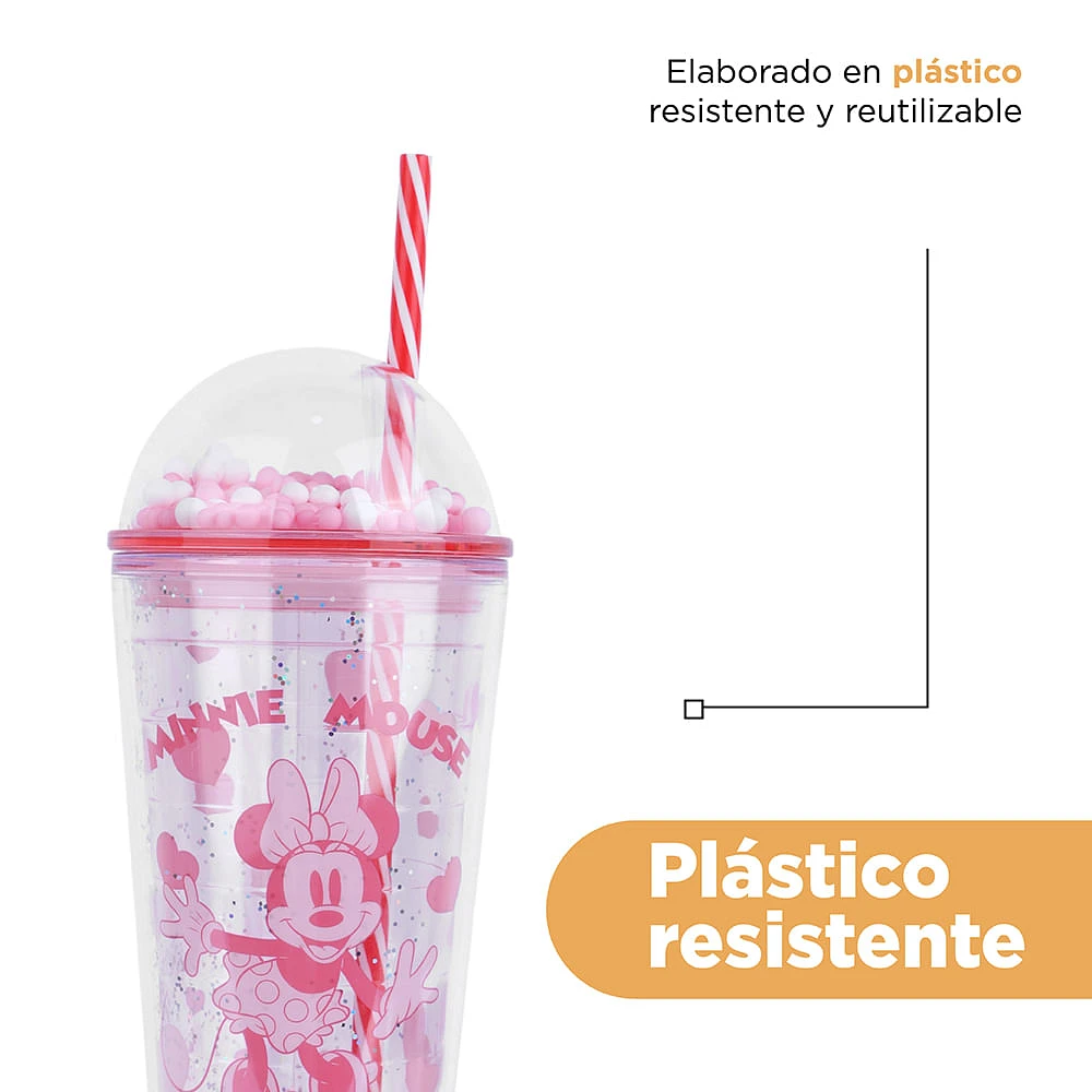 Vaso Con Tapa Y Popote Disney Minnie Mouse Doble Capa Plástico Rosa 600 ml