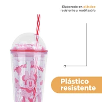 Vaso Con Tapa Y Popote Disney Minnie Mouse Doble Capa Plástico Rosa 600 ml