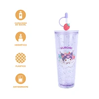 Vaso Con Tapa Y Popote Sanrio Kuromi Doble Capa Plástico 800 ml