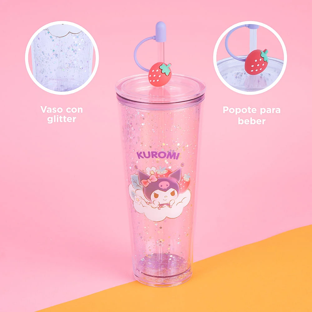 Vaso Con Tapa Y Popote Sanrio Kuromi Doble Capa Plástico 800 ml