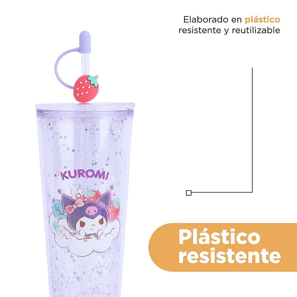 Vaso Con Tapa Y Popote Sanrio Kuromi Doble Capa Plástico 800 ml