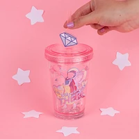 Vaso Con Tapa Y Popote Disney Blancanieves Princesas Manga Plástico Rosa 320 ml