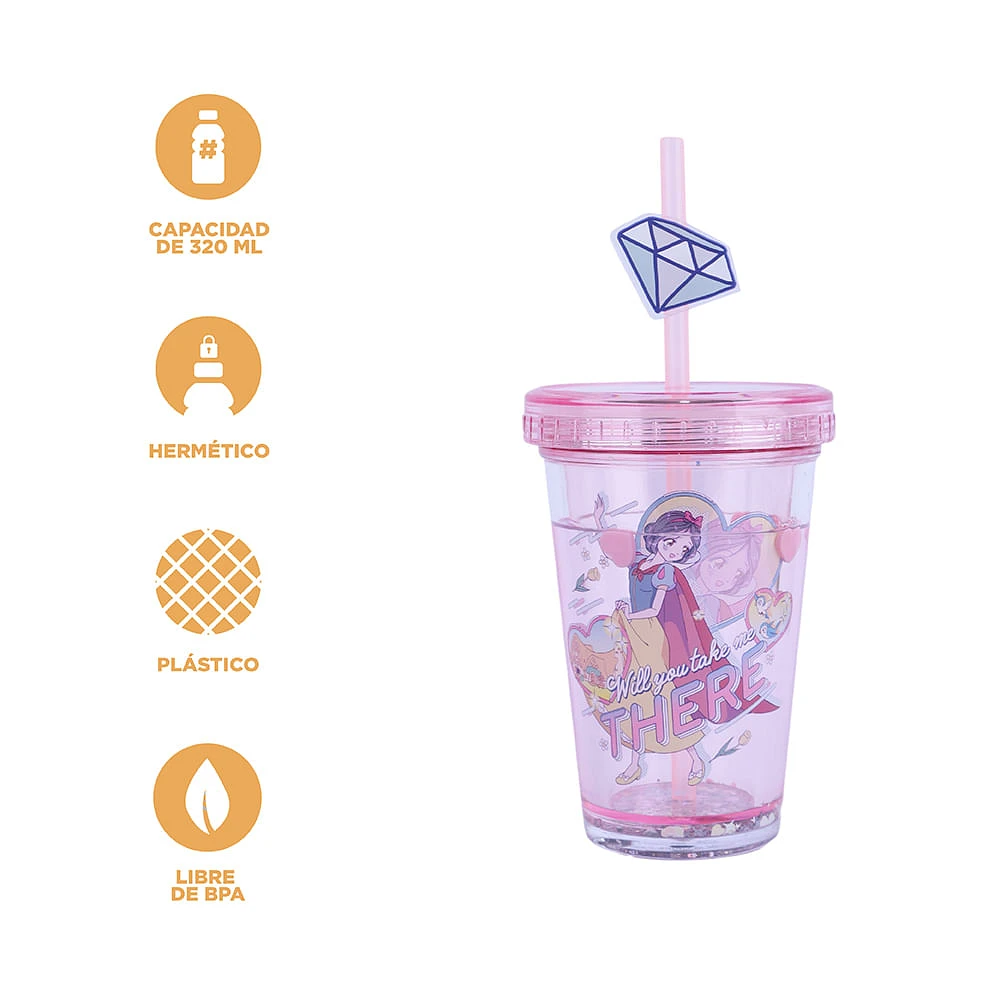 Vaso Con Tapa Y Popote Disney Blancanieves Princesas Manga Plástico Rosa 320 ml