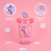 Vaso Con Tapa Y Popote Disney Blancanieves Princesas Manga Plástico Rosa 320 ml