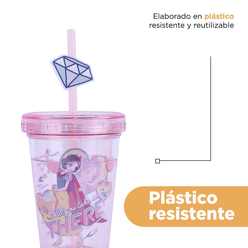 Vaso Con Tapa Y Popote Disney Blancanieves Princesas Manga Plástico Rosa 320 ml