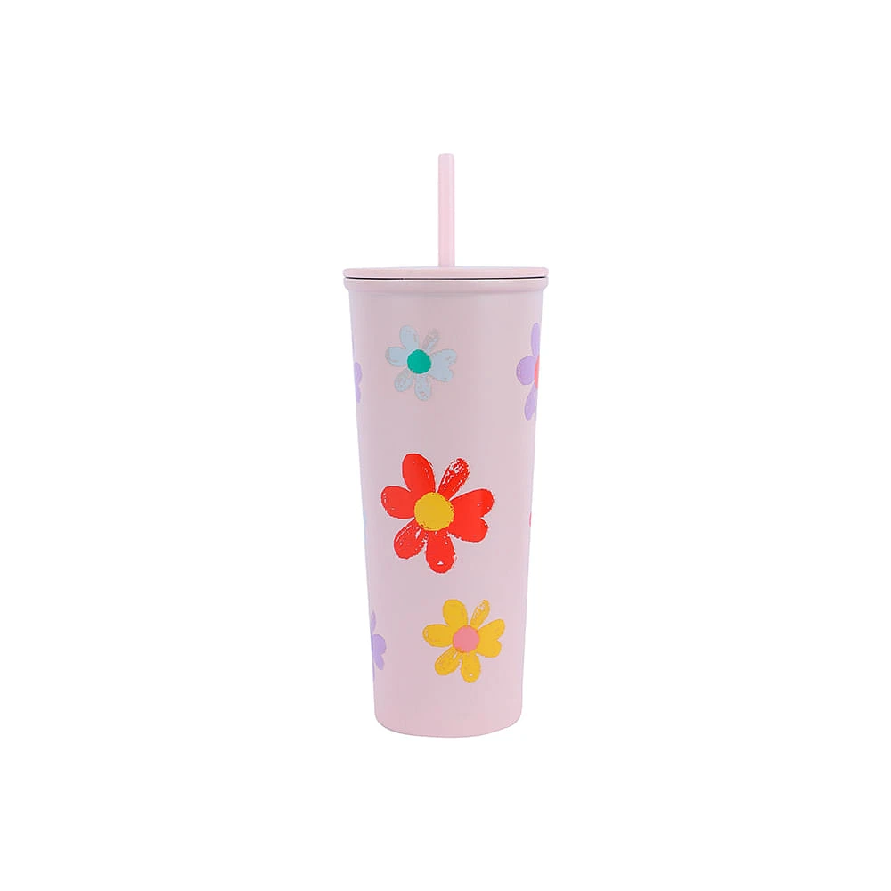 Vaso Con Tapa Y Popote Estampado De Flores Acero Inoxidable Rosa 630 ml