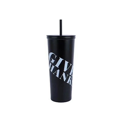 Vaso Con Tapa Y Popote Estampado Tipográfico Acero Inoxidable Negro 630 ml