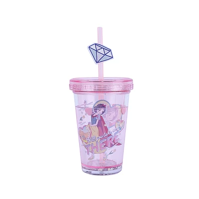 Vaso Con Tapa Y Popote Disney Blancanieves Princesas Manga Plástico Rosa 320 ml