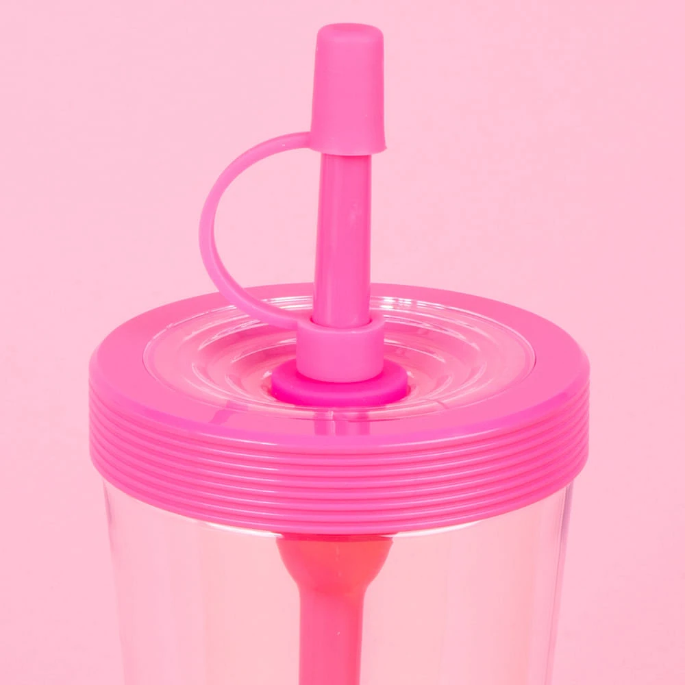 Vaso Con Tapa Y Popote Plástico  Rosa 535 ml