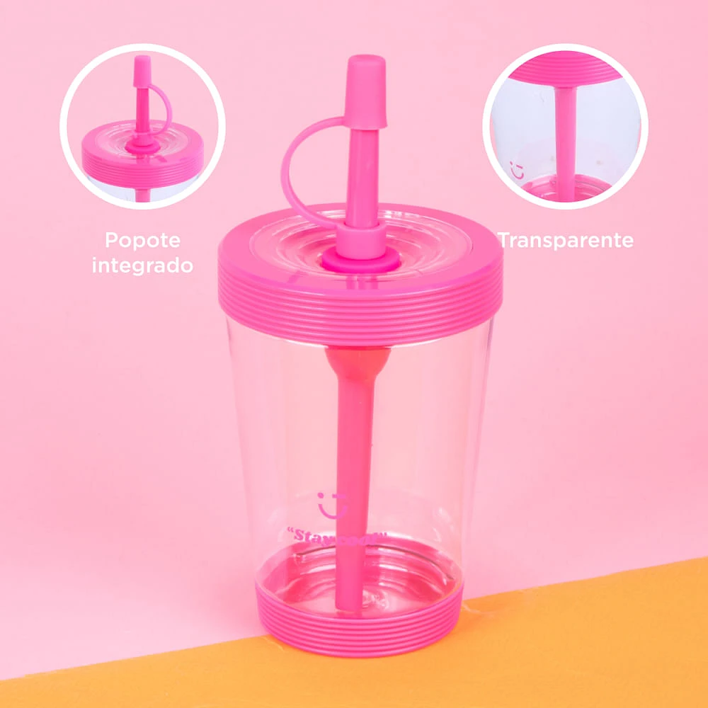 Vaso Con Tapa Y Popote Plástico  Rosa 535 ml