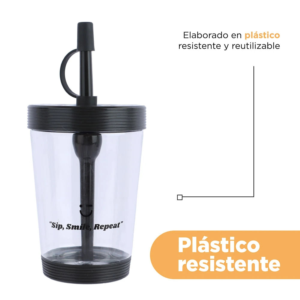 Vaso Con Tapa Y Popote Plástico Negro 535 ml