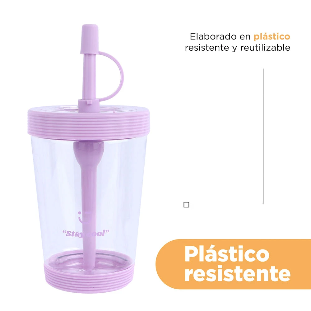 Vaso Con Tapa Y Popote Plástico Lila 535 ml