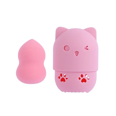 Esponja De Maquillaje Gatito Con Estuche Rosa