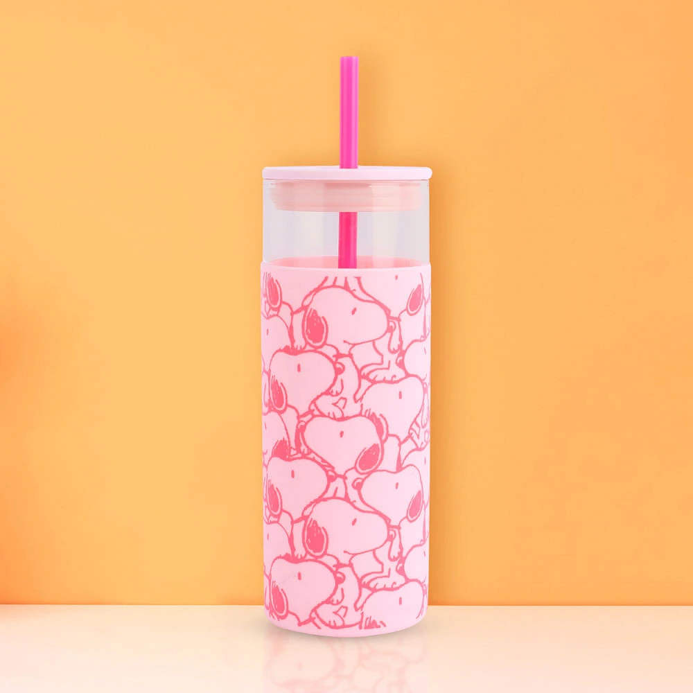 Vaso Con Tapa Y Popote Snoopy Vidrio Rosa 475 ml