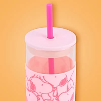 Vaso Con Tapa Y Popote Snoopy Vidrio Rosa 475 ml