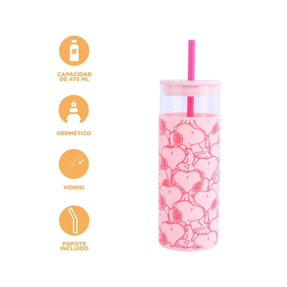 Vaso Con Tapa Y Popote Snoopy Vidrio Rosa 475 ml