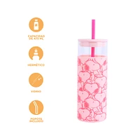 Vaso Con Tapa Y Popote Snoopy Vidrio Rosa 475 ml