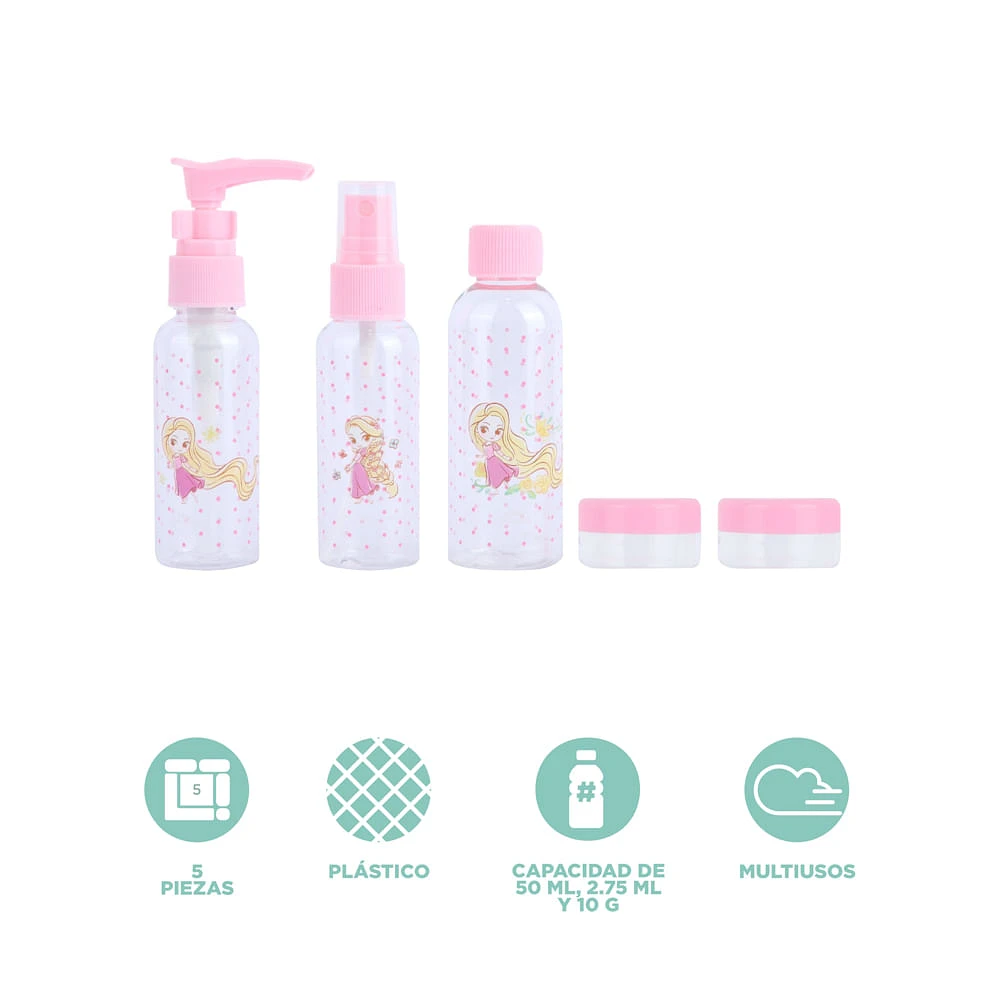 Kit Botellas De Viaje Disney Rapunzel Princesas Manga Plástico Rosas 5 Piezas