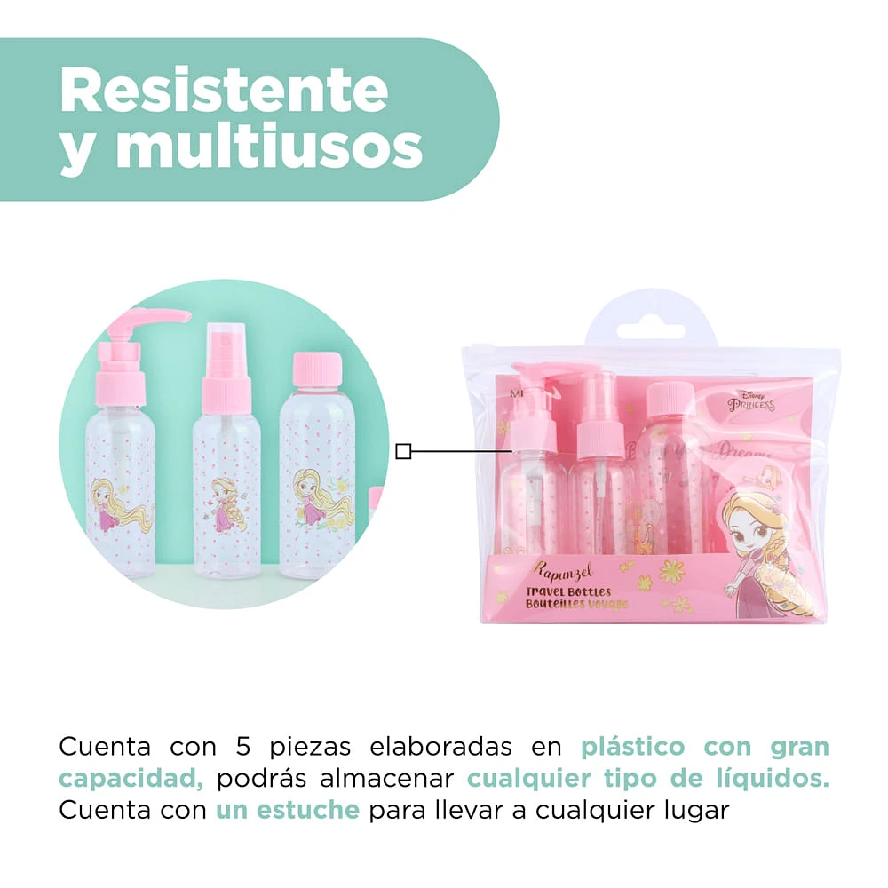 Kit Botellas De Viaje Disney Rapunzel Princesas Manga Plástico Rosas 5 Piezas