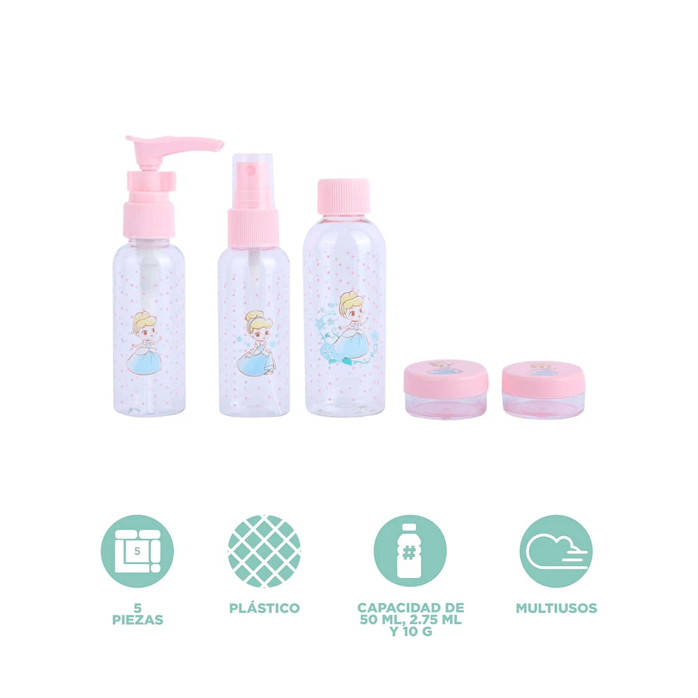 Kit Botellas De Viaje Disney Cenicienta Princesas Manga Plástico Rosas 5 Piezas