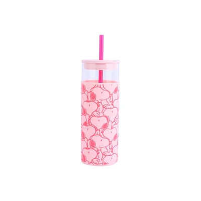 Vaso Con Tapa Y Popote Snoopy Vidrio Rosa 475 ml