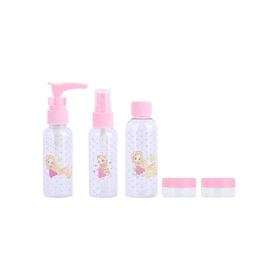 Kit Botellas De Viaje Disney Rapunzel Princesas Manga Plástico Rosas 5 Piezas