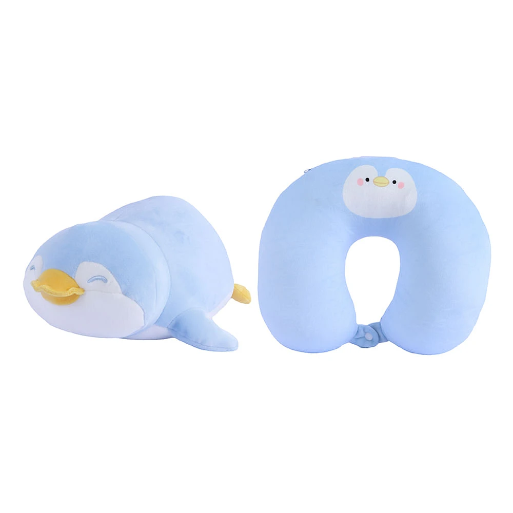 Almohada De Viaje Pingüino Forma De Peluche Felpa Azul 32x30 Cm