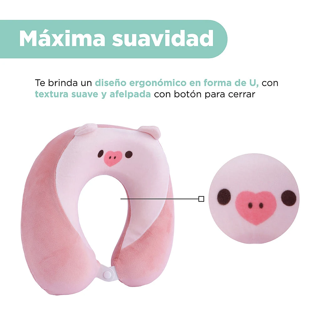 Almohada De Viaje Cerdito Con Borde Levantado Memory Foam Rosa 29x29 cm