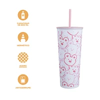 Vaso Térmico Con Tapa Y Popote Pink Romance Acero Inoxidable Blanco 800 ml