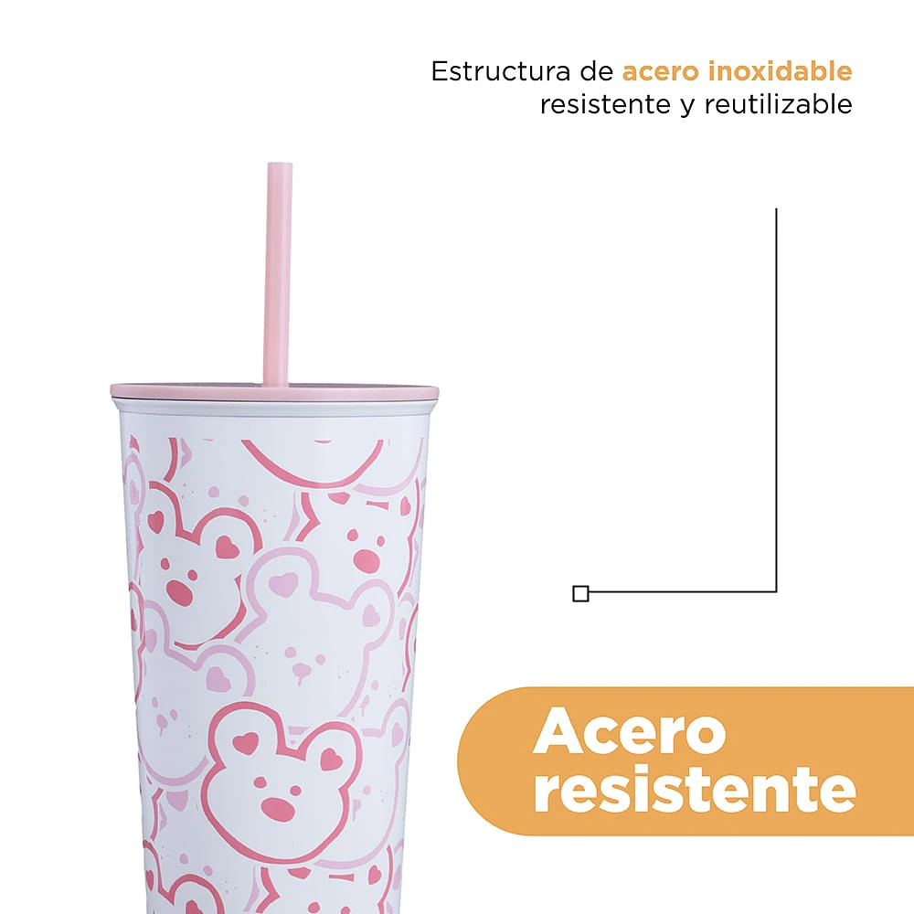 Vaso Térmico Con Tapa Y Popote Pink Romance Acero Inoxidable Blanco 800 ml