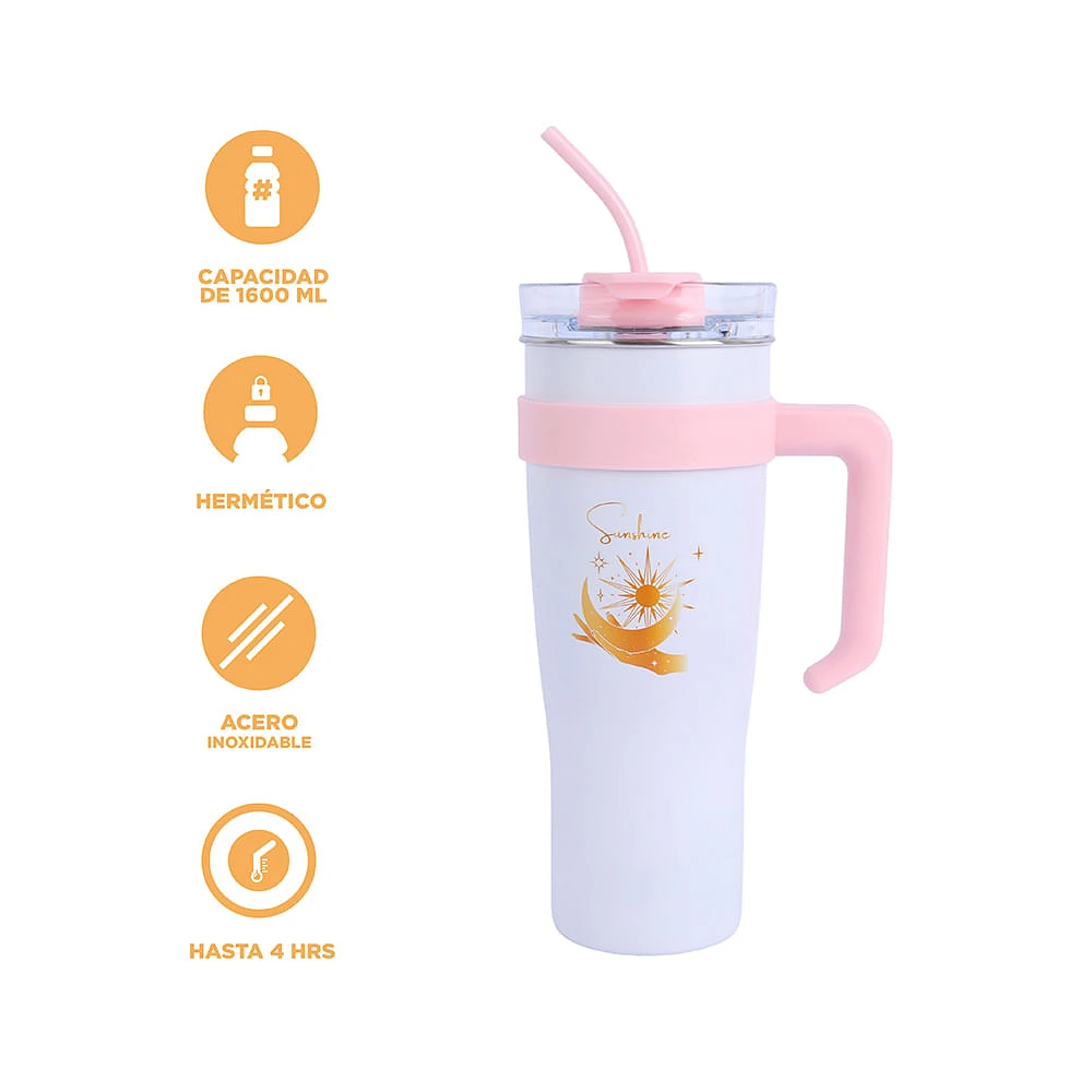 Vaso Con Tapa Y Popote Moon & Stars Acero Inoxidable Blanco 1.6 L