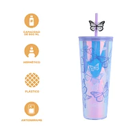 Vaso Con Tapa Y Popote Mariposas Live Vividly Plástico Doble Capa Tornasol 800 ml