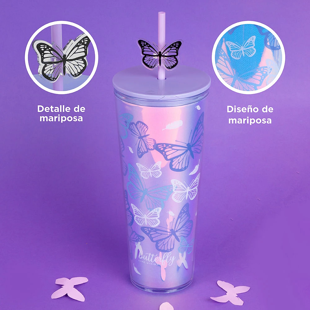 Vaso Con Tapa Y Popote Mariposas Live Vividly Plástico Doble Capa Tornasol 800 ml