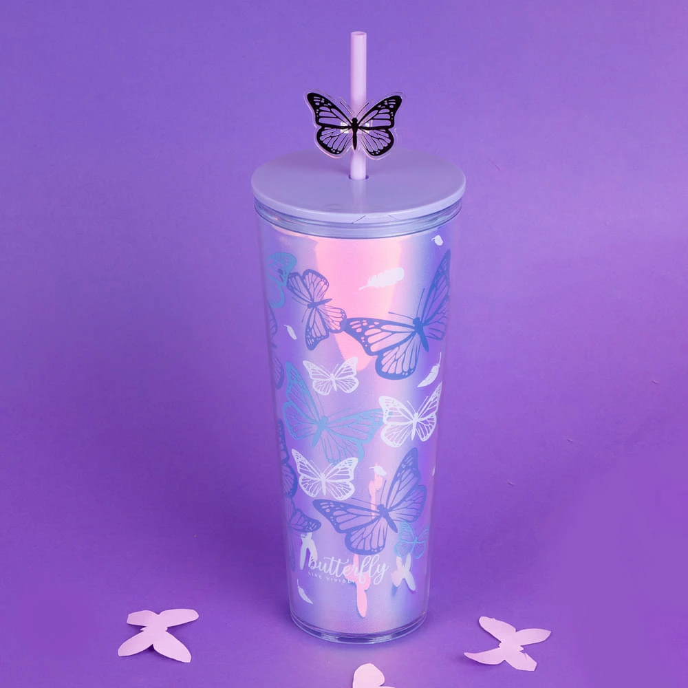 Vaso Con Tapa Y Popote Mariposas Live Vividly Plástico Doble Capa Tornasol 800 ml