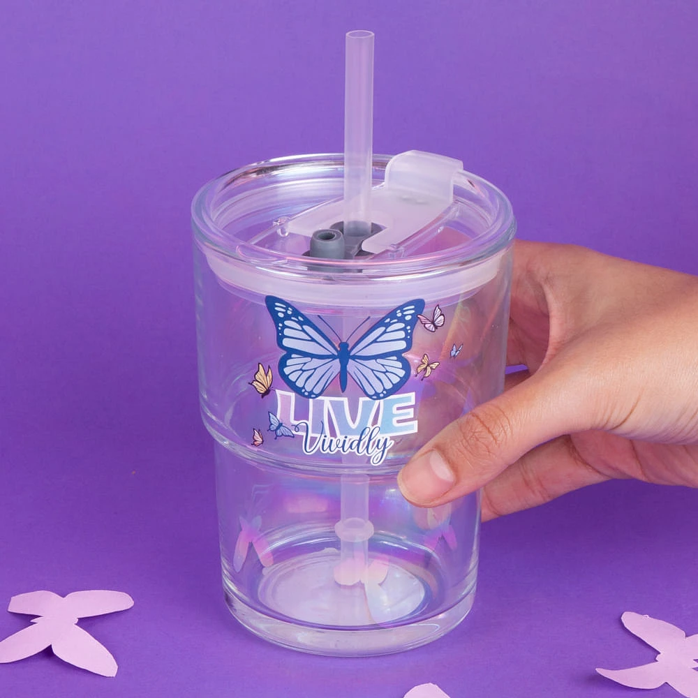 Vaso Con Tapa Y Popote Live Vivdly Vidrio Transparente 440 ml