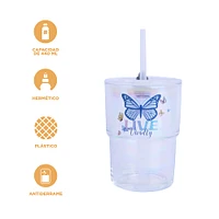 Vaso Con Tapa Y Popote Live Vivdly Vidrio Transparente 440 ml