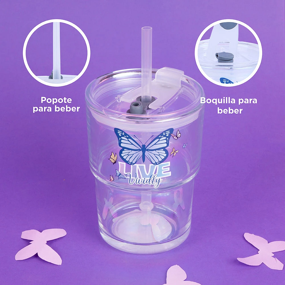 Vaso Con Tapa Y Popote Live Vivdly Vidrio Transparente 440 ml