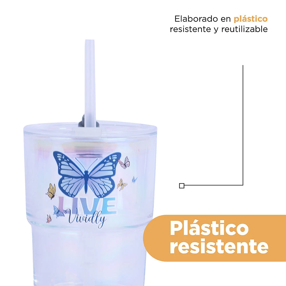 Vaso Con Tapa Y Popote Live Vivdly Vidrio Transparente 440 ml