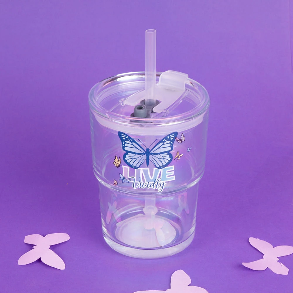 Vaso Con Tapa Y Popote Live Vivdly Vidrio Transparente 440 ml