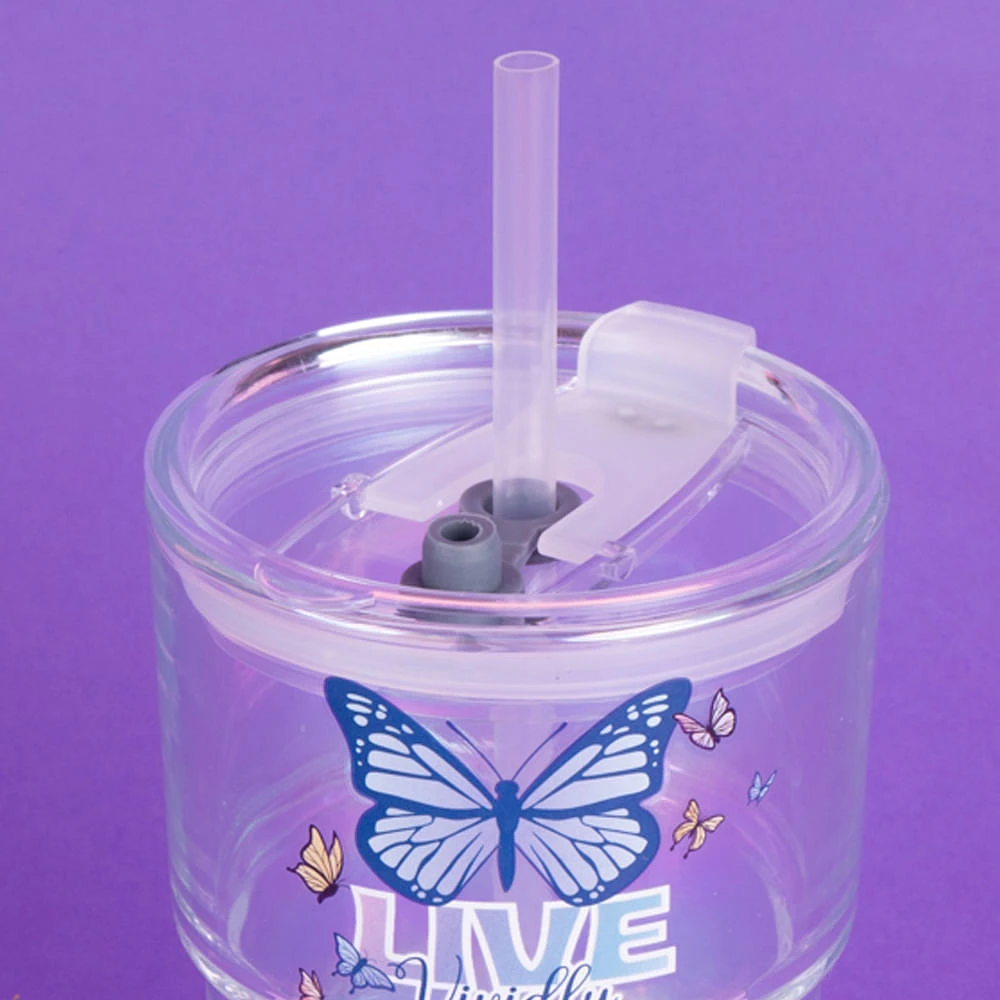 Vaso Con Tapa Y Popote Live Vivdly Vidrio Transparente 440 ml