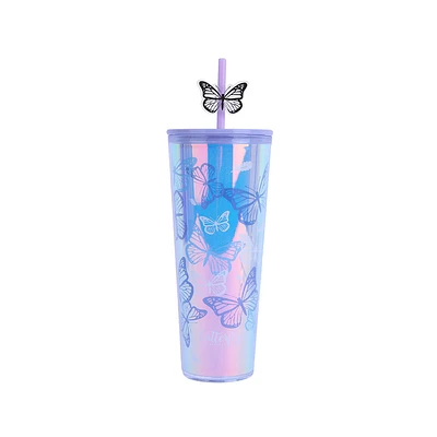 Vaso Con Tapa Y Popote Mariposas Live Vividly Plástico Doble Capa Tornasol 800 ml