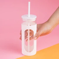 Vaso Con Tapa Y Popote Vidrio De Borosilicato Blanco 475 ml