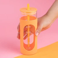 Vaso Con Tapa Y Popote Vidrio Naranja 475 ml