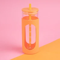 Vaso Con Tapa Y Popote Vidrio Naranja 475 ml