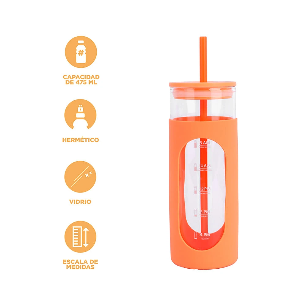 Vaso Con Tapa Y Popote Vidrio Naranja 475 ml