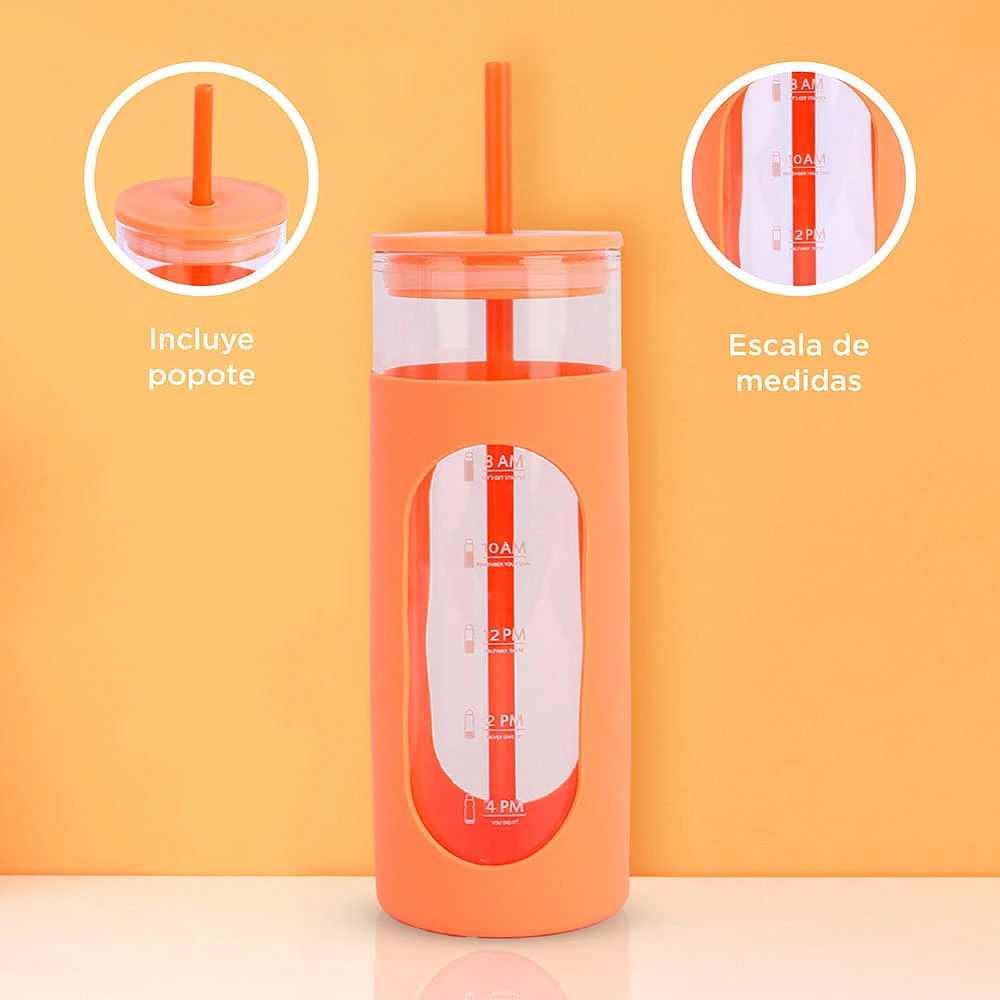 Vaso Con Tapa Y Popote Vidrio Naranja 475 ml