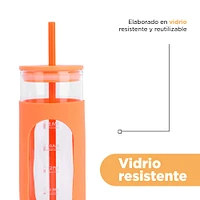 Vaso Con Tapa Y Popote Vidrio Naranja 475 ml