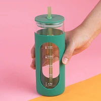 Vaso Con Tapa Y Popote Vidrio Verde 475 ml