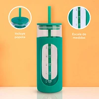 Vaso Con Tapa Y Popote Vidrio Verde 475 ml